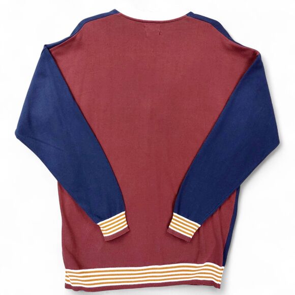ZARA MAN Varsity Letter Cardigan Large Navy Blue Burgundy Colorblock Sweater - Picture 2 of 10